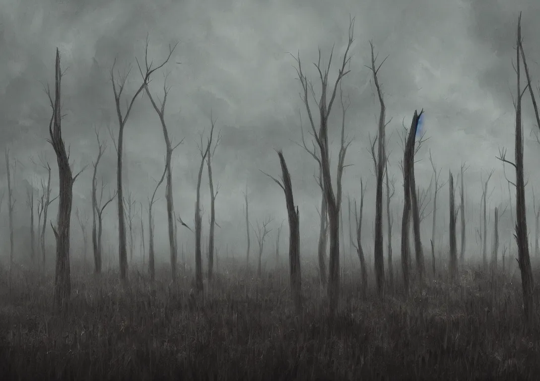 Prompt: vast open view of dreary, swampy landscape with sparse dead trees, gloomy, flat clouds, artstation award, fantasy, concept art, dramatic, painting, illustration