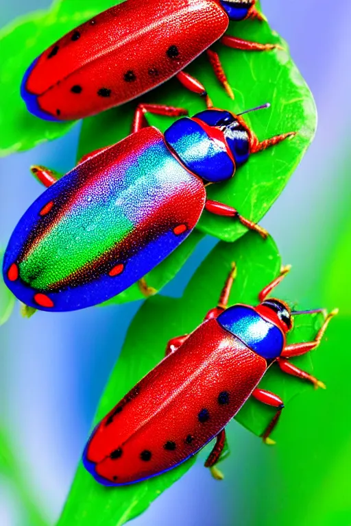 Image similar to high quality macro photo iridescent Red spotted jewel beetles! gorgeous highly detailed david ligare elson peter cinematic blue lighting high quality low angle hd 8k sharp shallow depth of field