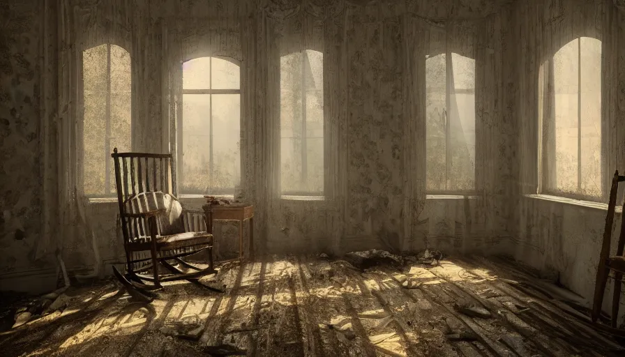 Image similar to old man sitting on a rocking chair in an old 3 0's abandoned rich manor, light through dusty broken windows, old curtains, dusty floor, dirts on the floor, wind, hyperdetailed, artstation, cgsociety, 8 k
