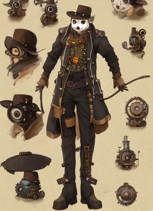 Image similar to a steampunk panda, character concept, character reference sheet. By Makoto Shinkai, Stanley Artgerm Lau, WLOP, Rossdraws, James Jean, Andrei Riabovitchev, Marc Simonetti, krenz cushart, Sakimichan, trending on ArtStation, digital art.