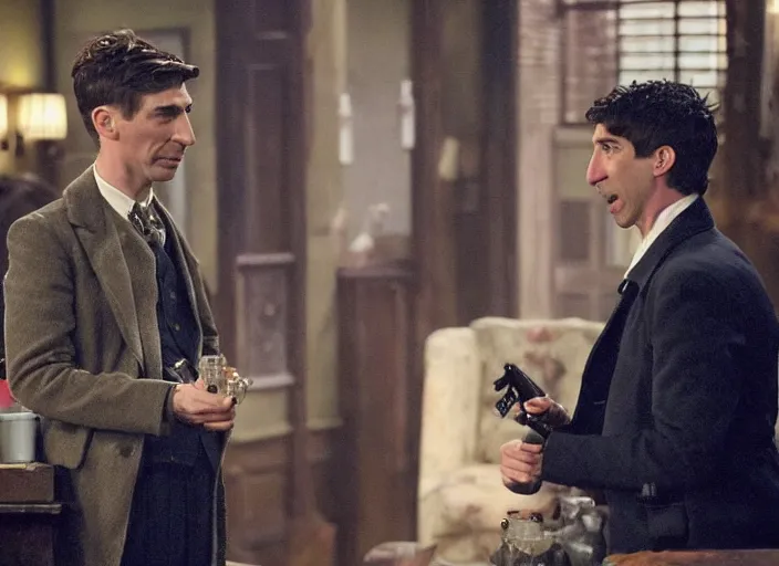 Prompt: Thomas Shelby (portrayed by Cillian Murphy) shoots Ross Geller ( portrayed by David Schwimmer) in an episode of TV sitcom Friends.