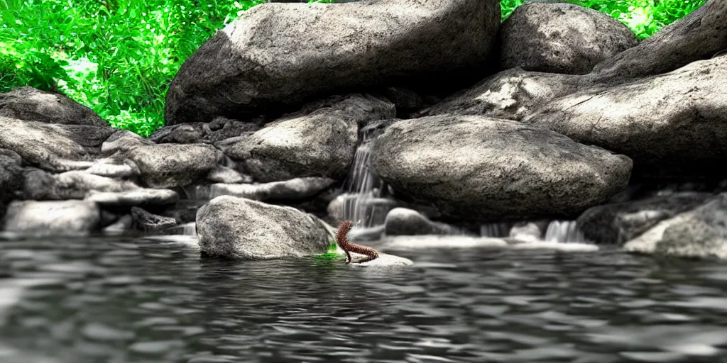 Prompt: A small dragon sitting on a glistening creek rock, flowing clear water creek bed, photorealistic 3D artwork.