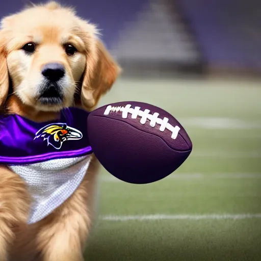 Image similar to golden retriever in a Baltimore Ravens Jersey holding a football. highly detailed. 8k. Photo.