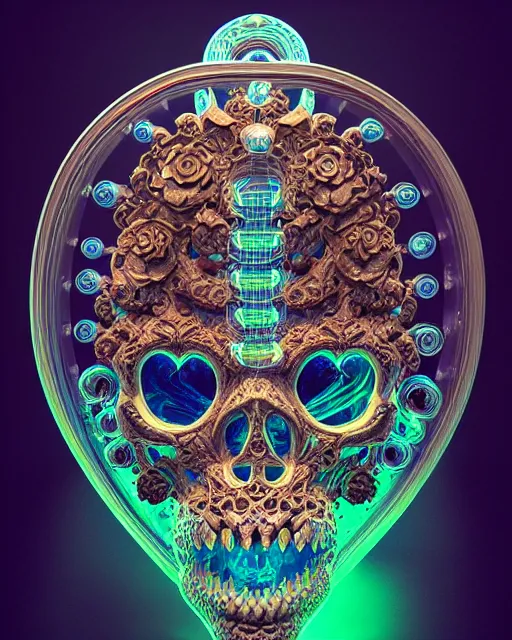 Image similar to 3 d ornate carved water heart, sigma 5 0 0 mm f / 5. beautiful intricate highly detailed quetzalcoatl skull. bioluminescent, plasma, lava, ice, water, wind, creature, thunderstorm! artwork by tooth wu and wlop and beeple and greg rutkowski, 8 k trending on artstation