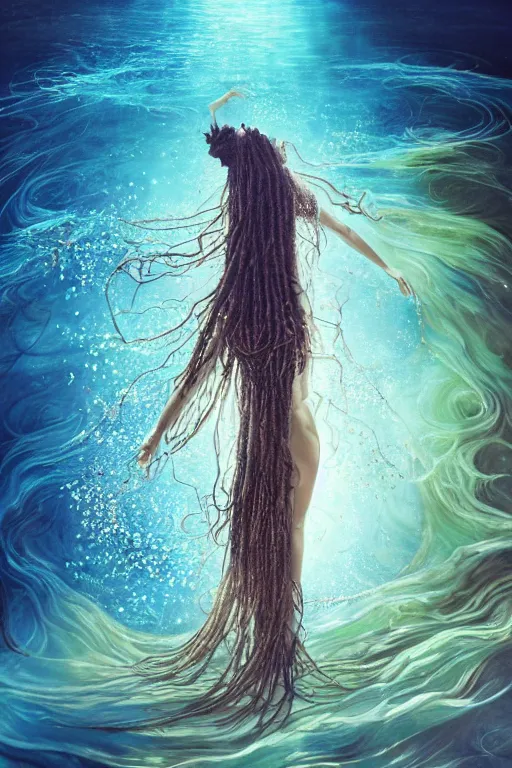 Image similar to a centered full body render of a dancing festival hippy with long flowing dreadlocks surrounded by a underwater ink pour and flowing liquid gallium and sacred geometry, perfect body and face, gorgeous, cinematic, beautifully lit, by miho hirano, by karol bak, by donato giancola, 3 d, trending on artstation, octane render, 8 k