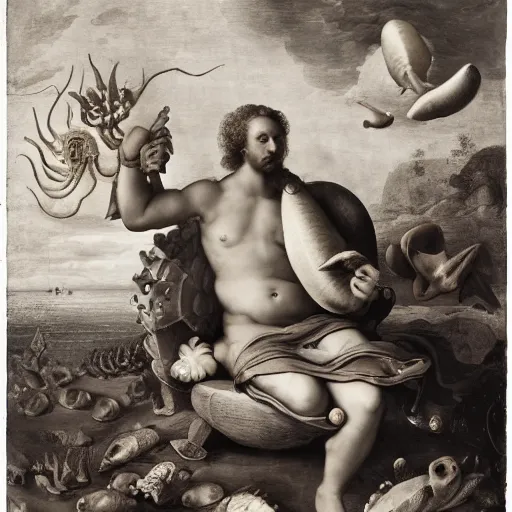 Prompt: by herbert list, by raphael, by jan van kessel the elder tired seashell. a experimental art of a mythological scene. large, bearded man seated on a throne, surrounded by sea creatures. he has a trident in one hand & a shield in the other. behind him is a large fish. in front of him are two smaller creatures.