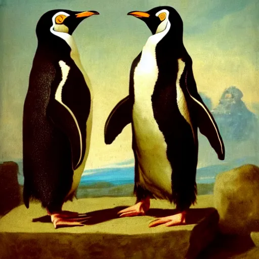 Prompt: penguins are dressed in conquistador armor and are standing in ancient rome, francisco goya, artstation, fine art