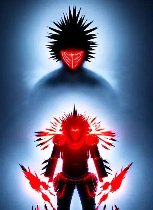 Image similar to a striking cinematic full body manga portrait of a long black haired masked male teenager wearing imposing red jagged spiked plate armour and glowing with raging powerful red energy by hirohiko araki and beeple, fine details, digital art, character concept art, volumetric lighting, cinematic light, photorealistic