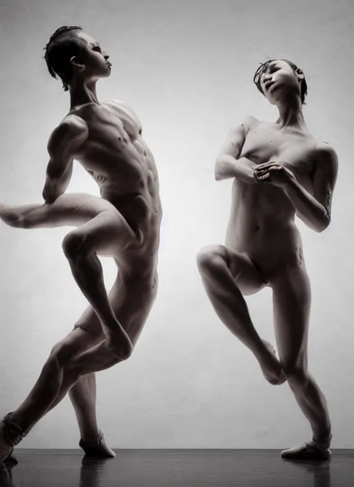 Prompt: expressive potrait photo of a clothed male and female butoh dancers dancing, glamour shot, by jenny saville, by stefan gesell, photorealistic, canon r 3, fashion photography, hyper maximalist, elegant, ornate, luxury, elite, environmental portrait, symmetrical features, octane render, unreal engine, solid dark grey background, dramatic lights