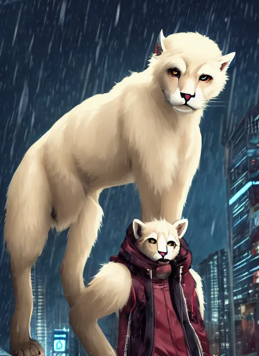 Image similar to character portrait of a male anthro albino mountain lion fursona with a cute beautiful attractive furry face wearing stylish clothes in a cyberpunk city at night while it rains. hidari, color page, tankoban, 4K, tone mapping, Akihiko Yoshida.