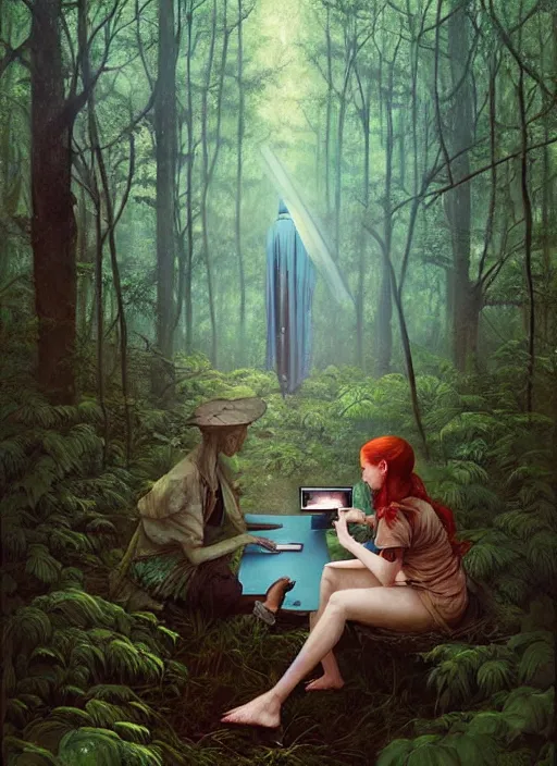 Image similar to computer in the woods by a stream, river gorgeous lighting, lush forest foliage blue sky a hyper realistic painting by chiara bautista and beksinski and norman rockwell and greg rutkowski, tom bagshaw weta studio, and lucasfilm