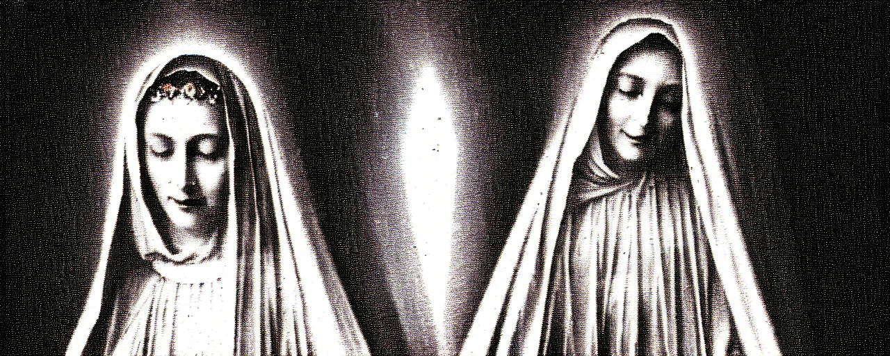 Image similar to vhs static overlay of marian apparition, vhs, 1 9 9 0, highly realistic, highly detailed, vhs noise static, black and white, vhs glitch