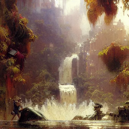 Image similar to waterfall flooding an entire city. victorian age. highly detailed painting by gaston bussiere, craig mullins, j. c. leyendecker