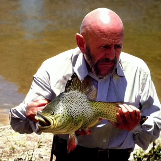 Image similar to mike ehrmantraut fighting another mike ehrmantraut holding a big trout fish big heads from breaking bad and better call saul