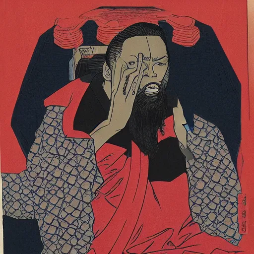 Image similar to GZA rapping, portrait, style of ancient text, hokusai