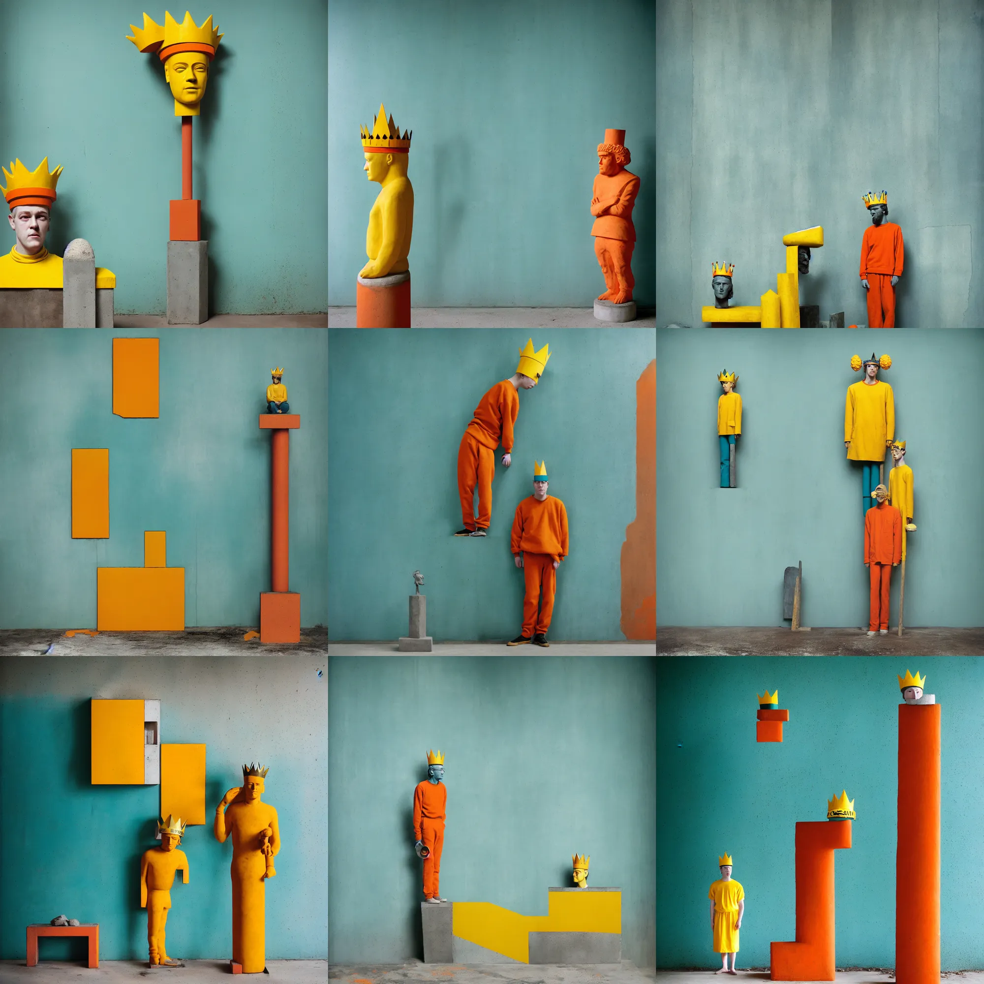 Image similar to kodak portra 4 0 0, 8 k, shot of a highly detailed, britt marling style, colour still - life portrait of a large minimalistic room, rough concrete walls, a single rough carved wooden teal and orange striped coloured statue is standing on a concrete podest with a yellow crown on his head, muted colours