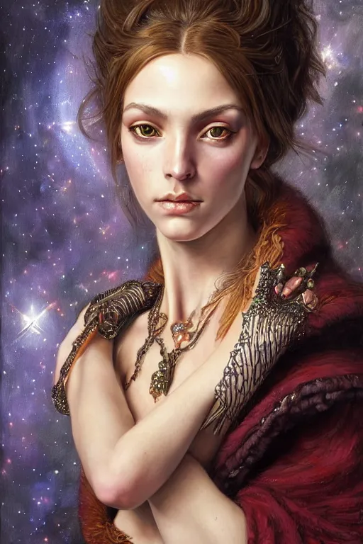 Image similar to high quality extremely detailed portrait of a young gorgeous female warlock looking away from the camera, detailed eyes, sparkle in eyes, no hands visible, fantasy, d & d, intricate, painting by lucian freud and mark brooks, hd