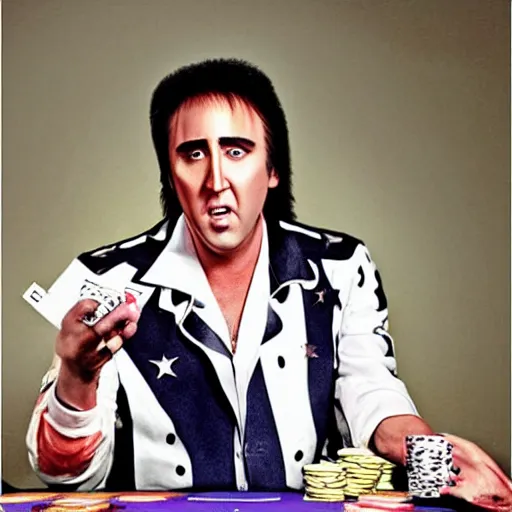 Image similar to nicolas cage as elvis presley playing the guitar over a poker table