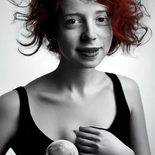 Prompt: young pretty girl with red hair smiling seductively at the camera, award winning portrait photo by annie liebowitz