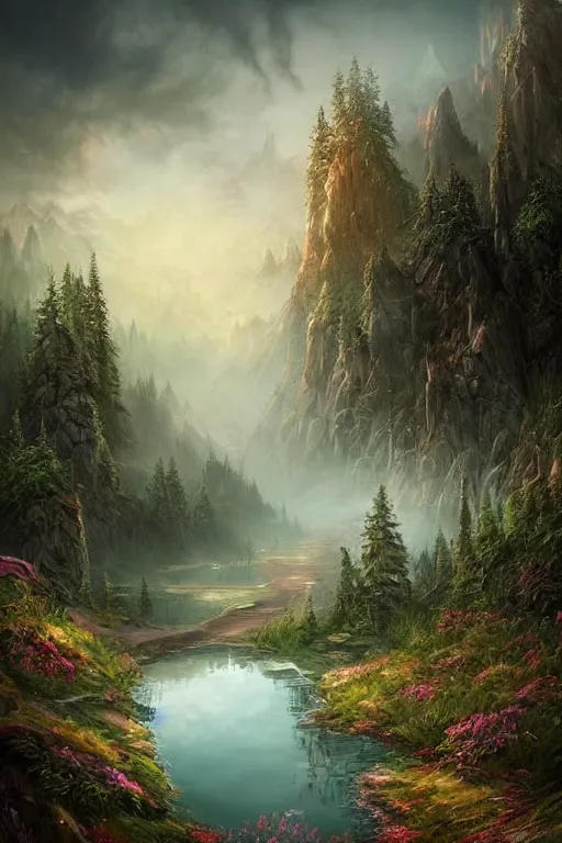 Prompt: beautiful matte painting style dark academia, street art fantasy path mountains and meadow in the background near a lake reflecting the trees, atmospheric lighting, painted, intricate, volumetric lighting, beautiful, rich deep colors masterpiece, sharp focus, ultra detailed by