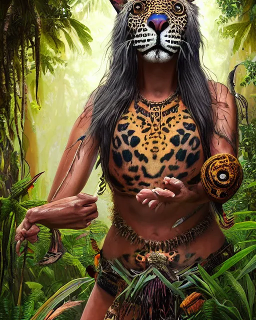 Prompt: Beautiful art portrait of a fantasy native american female jaguar shaman with jaguar mask in a bright temple surrounded by lush forest, atmospheric lighting, intricate detail, cgsociety, hyperrealistic, octane render, RPG portrait, ambient light, dynamic lighting,