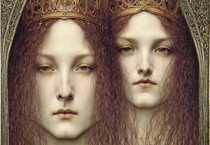 Image similar to detailed realistic beautiful young medieval queen face portrait by jean delville, gustave dore and marco mazzoni, art nouveau, symbolist, visionary, gothic, pre - raphaelite. horizontal symmetry