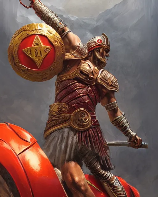 Image similar to Ares the Greek god of war riding a red Harley Davidson on Mount Olympus, wearing a golden helmet ,D&D, fantasy, cinematic lighting, centered, symmetrical, highly detailed, digital painting, artstation, concept art, smooth, sharp focus, illustration, volumetric lighting, epic Composition, 8k, art by Akihiko Yoshida and Greg Rutkowski and Craig Mullins, oil painting, cgsociety