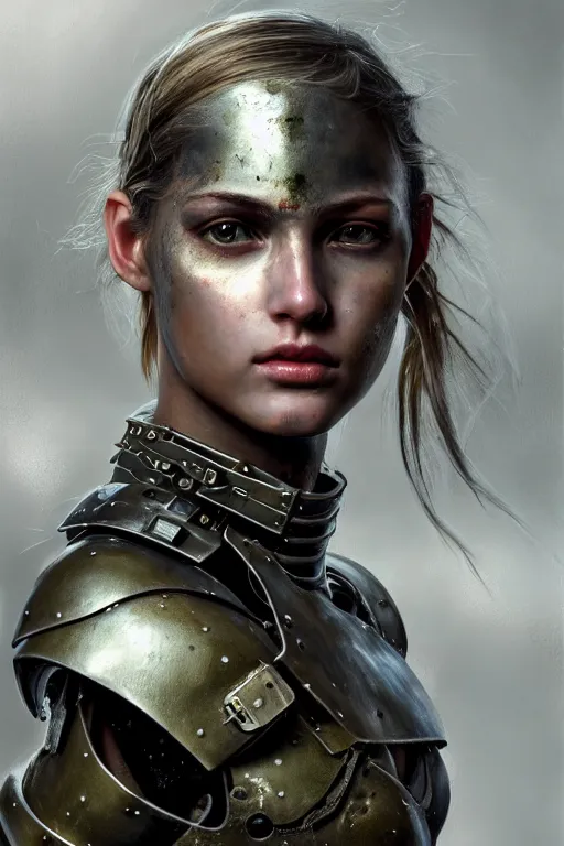 Prompt: a photorealistic painting of an attractive young girl, partially clothed in dirty metal-plated battle armor, a tiny spot of blood, olive skin, long dark hair, beautiful bone structure, symmetrical face, perfect eyes, intricate, elegant, digital painting, concept art, illustration, sharp focus, minimal artifacts, volumetric lighting, from Metal Gear, in the style of Ruan Jia and Mandy Jurgens and Greg Rutkowski, trending on Artstation, award winning