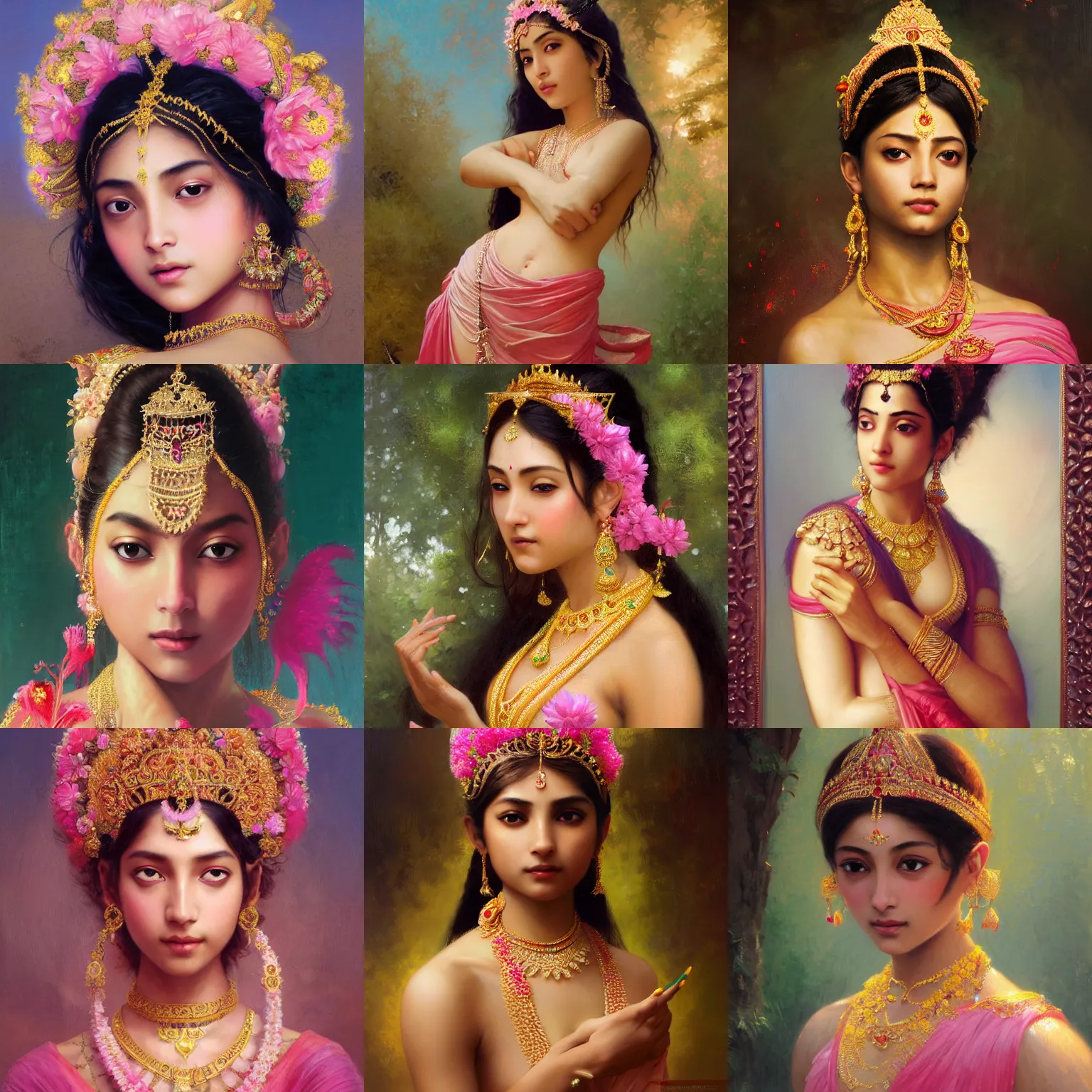 Prompt: expressive oil painting, of beautiful alluring indian princess, slender, smooth glowing skin, ornate headpiece made from pink flowers, glamour shot, by yoshitaka amano, by bouguereau, by greg rutkowski, by jeremyg lipkinng, by artgerm, digital art, octane render