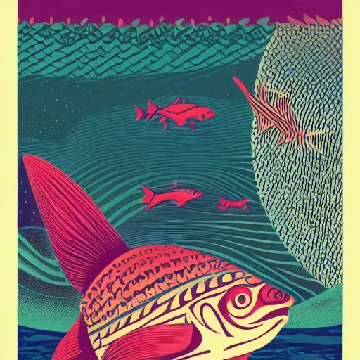 Image similar to profile of one stylized fish in center of view, dark ocean, complex patterns, artstation, intricate, realistic, highly detailed, digital painting, concept art, sharp focus, illustration by tom whalen and charles williams and kilian eng and james jean