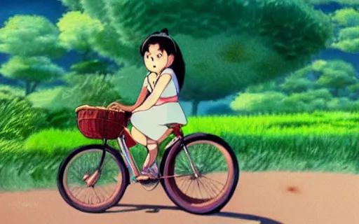 Image similar to a young filipino girl riding a bike with a basket, art by hayao miyazaki, studio ghibli film, hi res, 4k