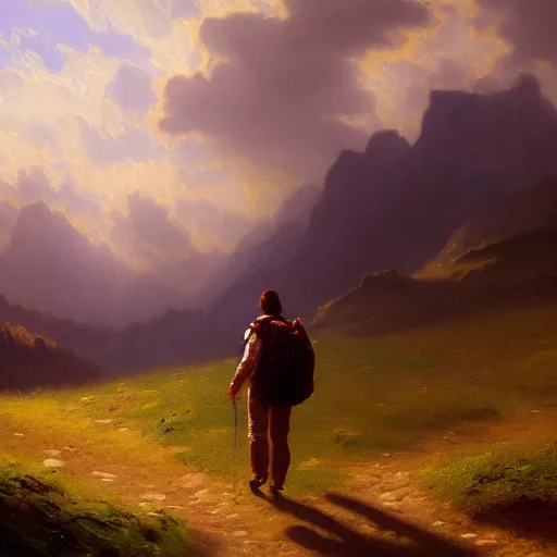Prompt: a traveler wandering trough the mountains looking at the clouds, very detailed, oil painting, cinematic lighting, neo-romanticism, albert bierstadt, trending on artstation