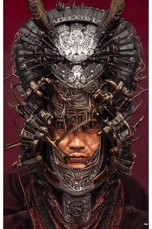 Prompt: digital face portrait painting of a male samurai warrior magus by yoshitaka amano, victo ngai, terese nielsen, samurai armour by h. r. giger, in the style of dark - fantasy, intricate detail, skull motifs, red, bronze, cgsociety, artgerm