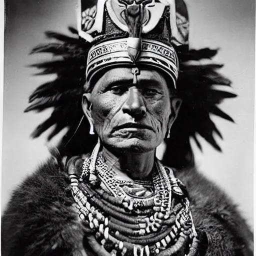 Image similar to vintage photo of an aztec king by edward s curtis, photo journalism, photography, cinematic, national geographic photoshoot