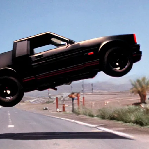 Prompt: movie still of kitt from the knight rider jumping over a truck