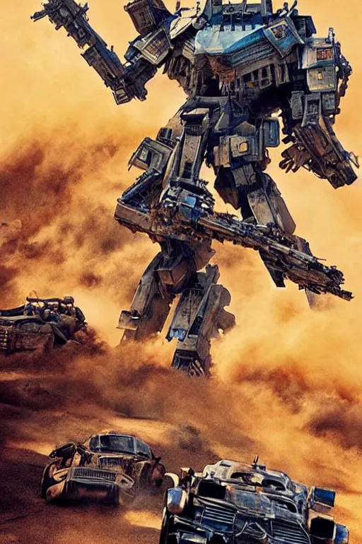 Image similar to epic sandstorm battle, Action, movie pacific rim, in the Movie transformers, in the Movie Mad Max: Fury Road (2015), by drew struzan