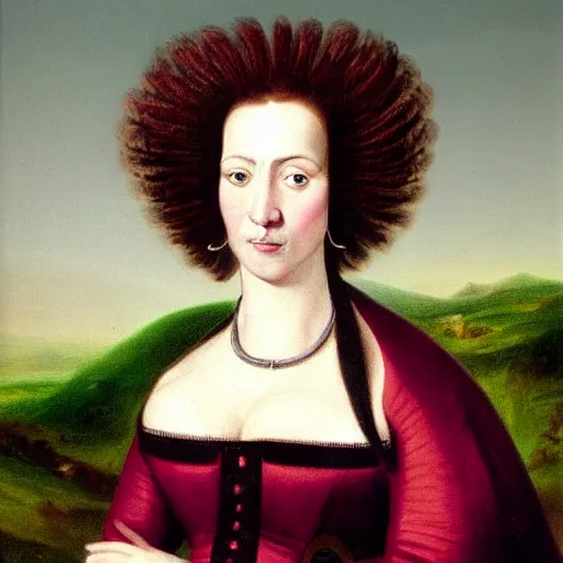 Prompt: portrait of a 40 years old women, dark red hair, green eyes, in historic clothing, 18th century painting, black canvas