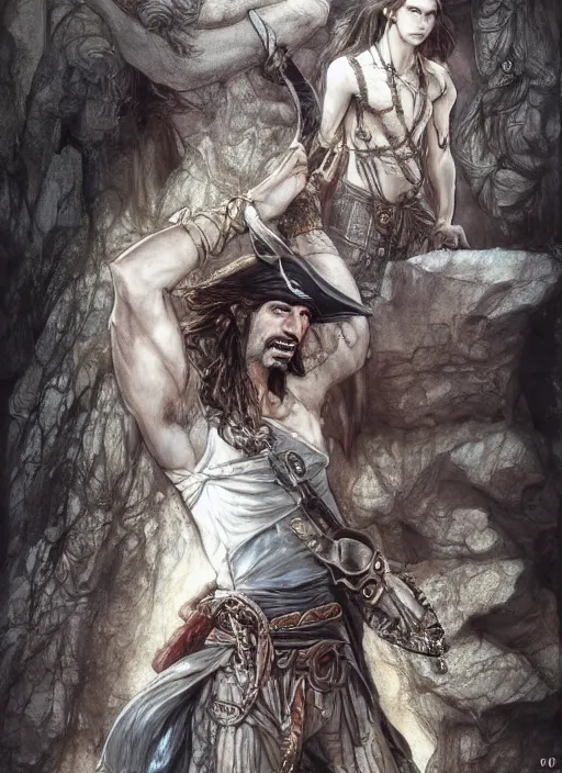 Image similar to detailed pencil spot illustrations of various character concepts from the prince of persia game and pirates of the caribbean movie, various poses, by burne hogarth, by bridgeman, by anthony ryder, by yoshitaka amano, by ruan jia, by conrad roset, by mucha, artstation, artstation.