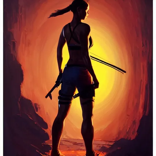 Prompt: Alicia Vikander as Lara Croft (tomb raider, 1996), full body portrait by Karol Bak, Syd Mead and Raphael Lacoste, rich colors, neon digital art