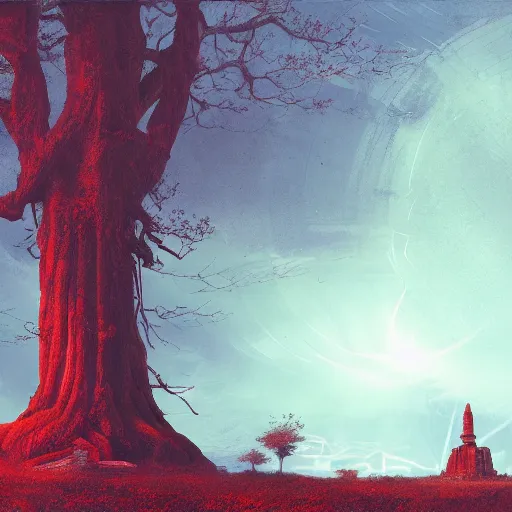 Prompt: red ancient temple between green fields with big trees, star trails, dramatic lighting, artstation, matte painting, caspar david friedrich, simon stalenhag