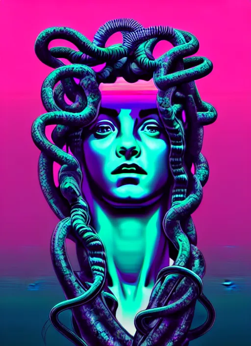 Image similar to statue of medusa, beeple, android jones, liam wong, ( ( ( ( ( dan mumford ) ) ) ) ), vaporwave, retrowave, black background, neon wiring, black, glitch, strong contrast, cuts, pinterest, trending on artstation