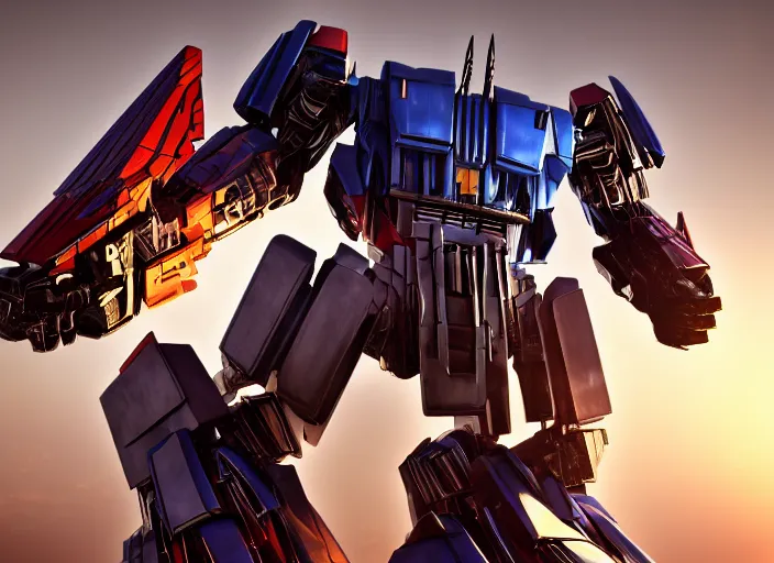 Image similar to optimus prime destroying a [ decepticon ], ultra realistic 4 k unreal engine very cinematic render with ray tracing bloom ambient occlusion strong reflections depth of field fog