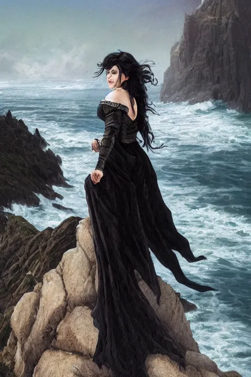 Prompt: a hyperdetailed matte painting of yennefer as a goth vampire sorceress floating in front of a tower, dressed in a contemporary t shirt and jeans from hot topic, overlooking cliffs and crashing waves in the background, highly detailed, deep focus, elegant, digital painting, sharp focus, ultra realistic, 8 k, art by greg rutkowski and rembrandt and alphonse mucha