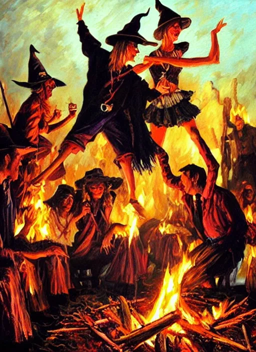 Image similar to witches dancing around a bonfire, pulp art oil painting by mort kunstler, intricate, hyper detailed, 4 k, hd, award winning, photorealistic