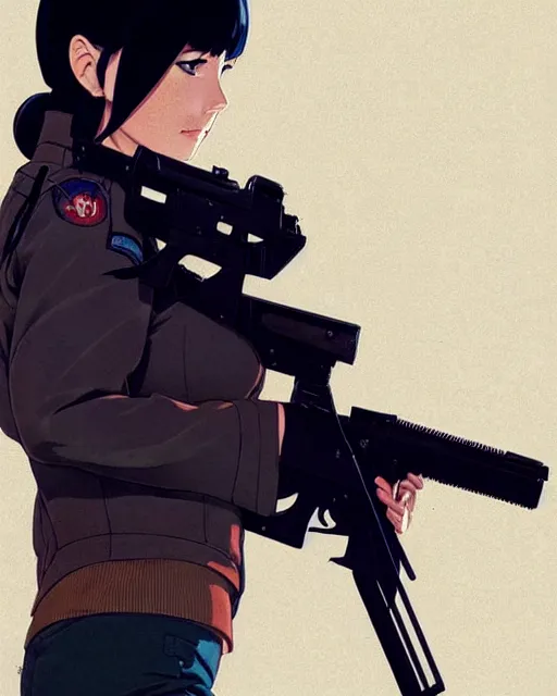 Image similar to girl wearing uniform, holding pistol at side, side view, looking down | | audrey plaza, fine detail!! anime!! realistic shaded lighting!! poster by ilya kuvshinov katsuhiro otomo ghost - in - the - shell, magali villeneuve, artgerm, jeremy lipkin and michael garmash and rob rey