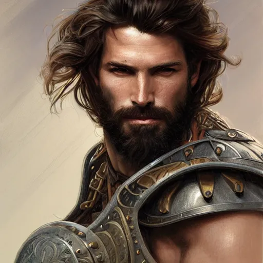 Image similar to portrait of a ruggedly handsome paladin, soft hair, muscular, half body, leather, hairy, d & d, fantasy, intricate, elegant, highly detailed, digital painting, artstation, concept art, smooth, sharp focus, illustration, art by artgerm and greg rutkowski and alphonse mucha