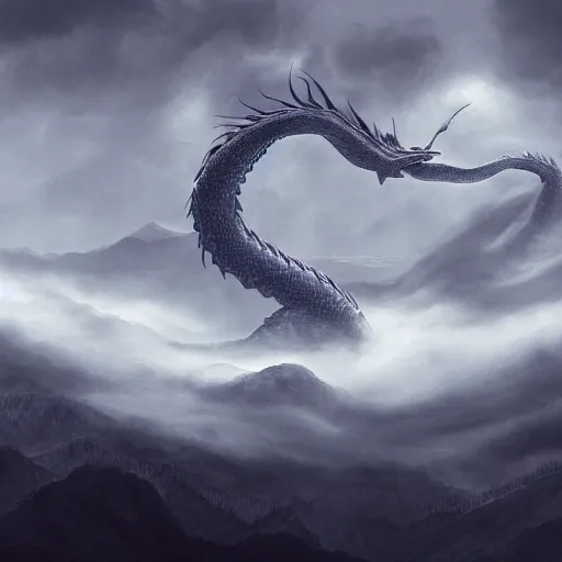 Image similar to Detailed digital art of a huge serpent dragon flying through the clouds. Mostly shrouded by fog and clouds. Featured on Artstation