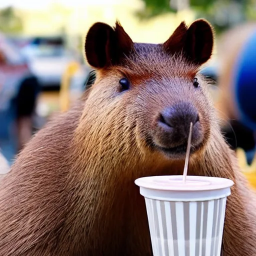 Image similar to a capybara character drinking a milkshake