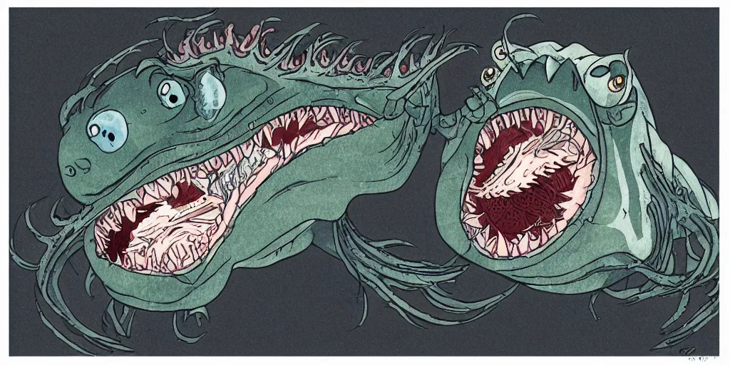 Image similar to illustration of an angler fish, in the stle of yoshi yoshitani, deep sea, large mouth filled with pointed teeth, stylized linework, ornamentation, artistic, muted color wash