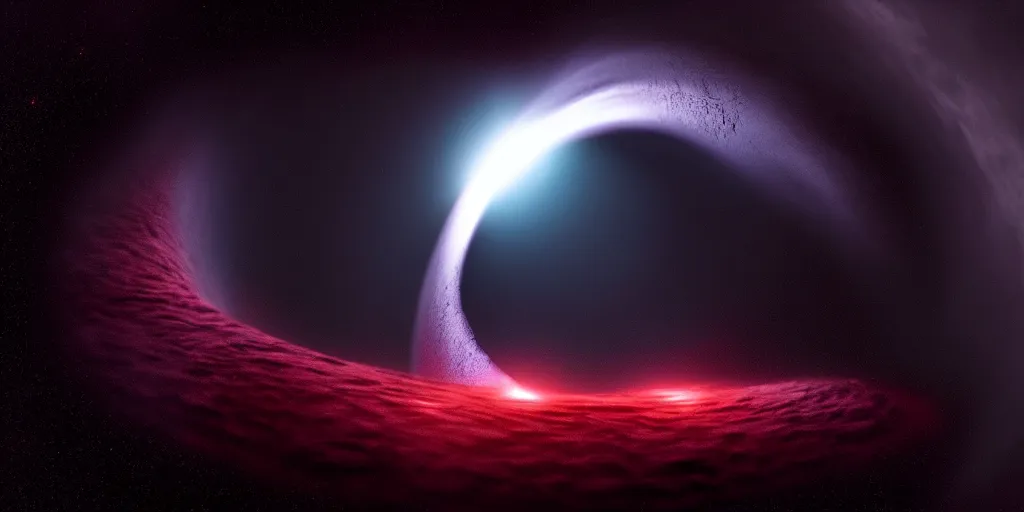 Image similar to giant glowing black hole in deep space, portal, day, ultra high definition, ultra detailed, sci - fi, dark fantasy, by paul chadeisson and denis villeneuve